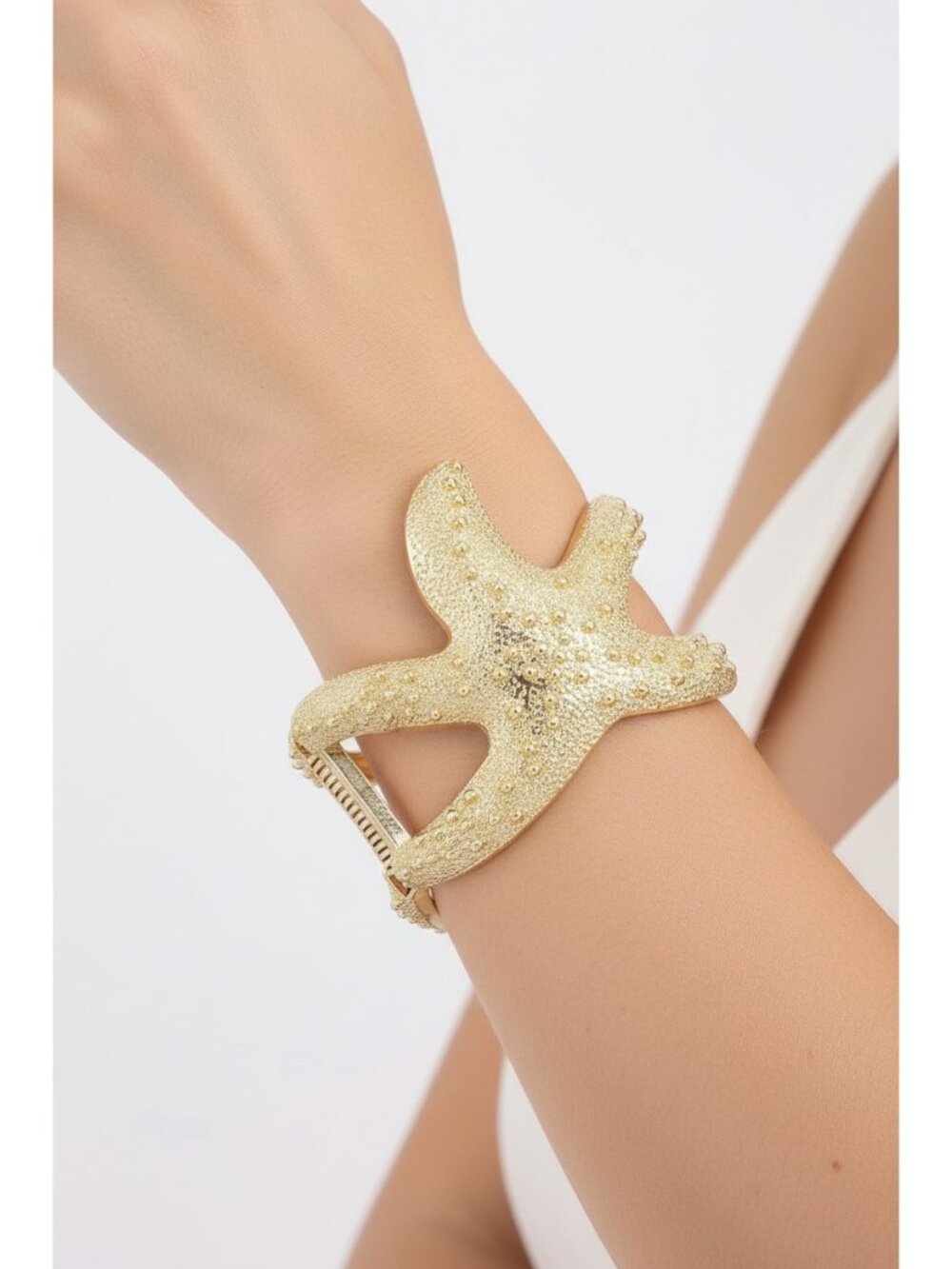 Oversized Starfish Textured Pebble Hinge Cuff Coastal Mermaid Statement Bracelet